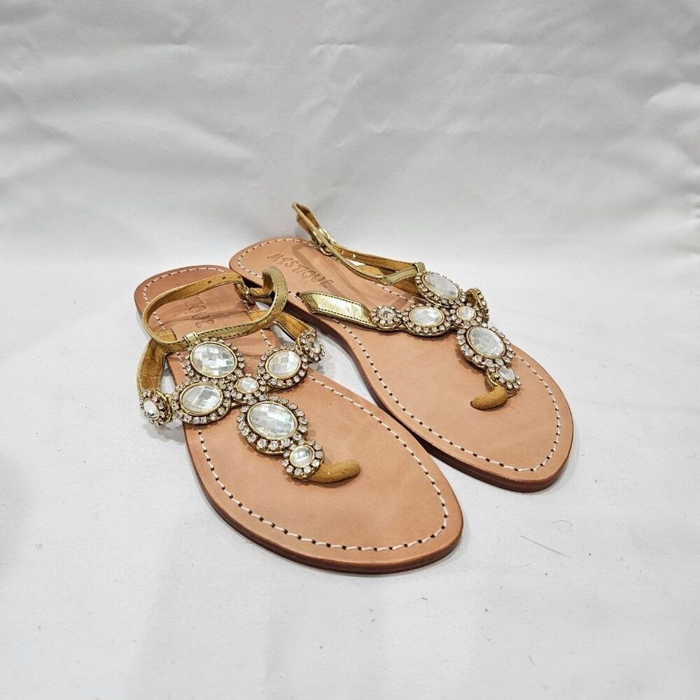 Mystique Gold Leather Jeweled Gladiator T-Strap Thong Sandals Women's Size 8
